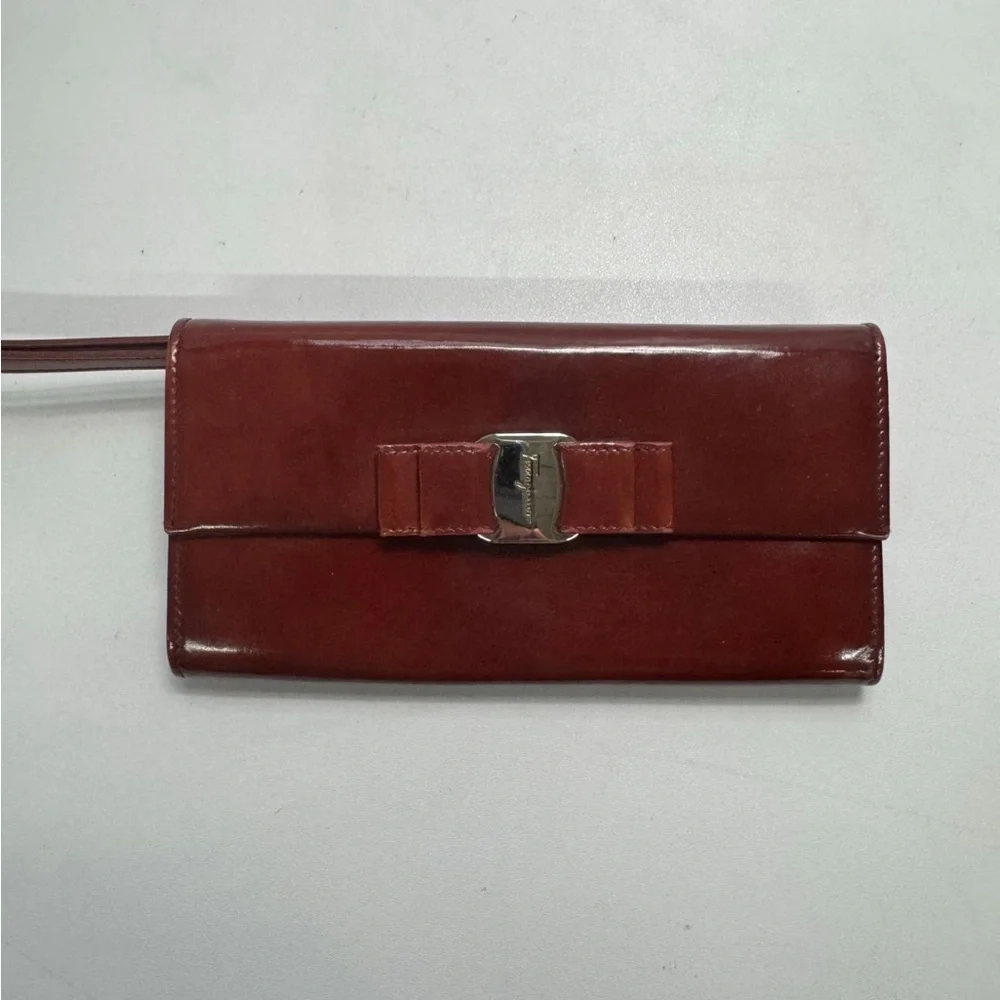 Wristlet Wallet + COA; Salvatore Ferragamo Wine Red Wallet with Bow Accent